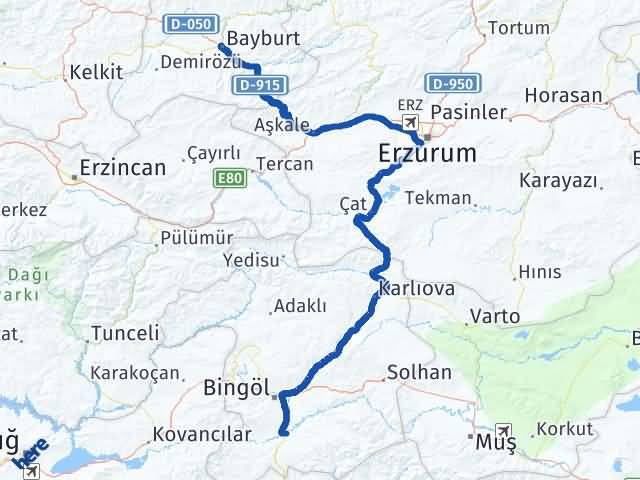 Bayburt Genç Bingöl Arası Kaç Km - Yol Haritası