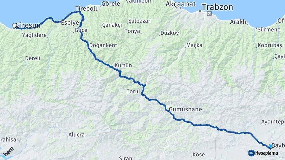 Bayburt Giresun Arası Kaç Km - Yol Haritası