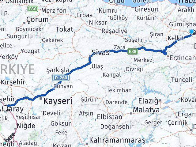 Bayburt Gülağaç Aksaray Arası Kaç Km - Yol Haritası