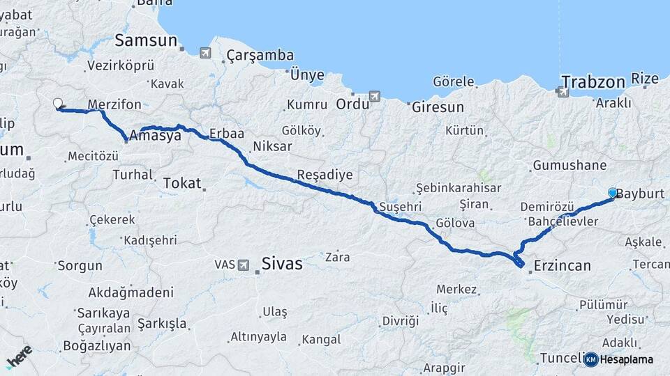 Bayburt Gümüşhacıköy Amasya Arası Kaç Km - Yol Haritası