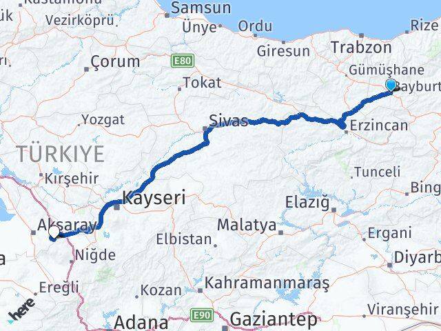 Bayburt Güzelyurt Aksaray Arası Kaç Km - Yol Haritası