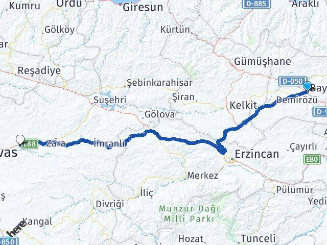 Bayburt Hafik Sivas Arası Kaç Km - Yol Haritası