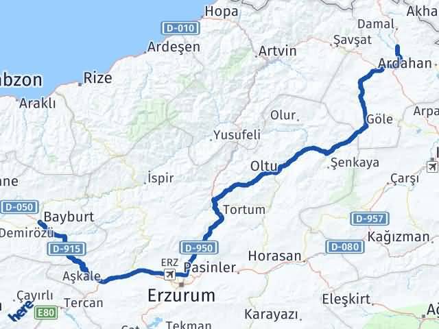 Bayburt Hanak Ardahan Arası Kaç Km - Yol Haritası