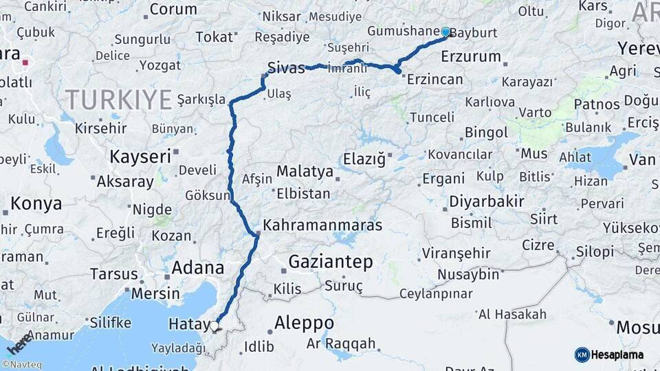 Bayburt Hatay Arası Kaç Km - Yol Haritası