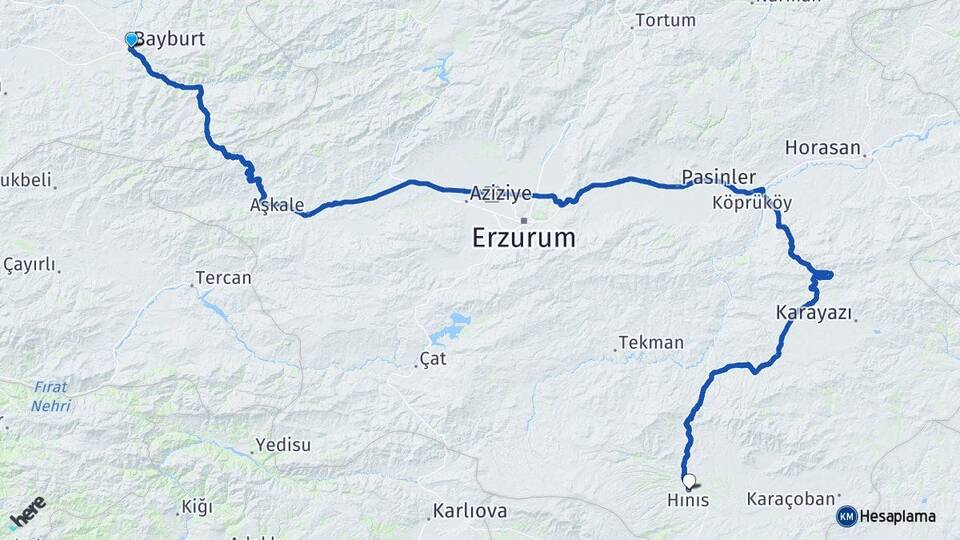 Bayburt Hınıs Erzurum Arası Kaç Km - Yol Haritası