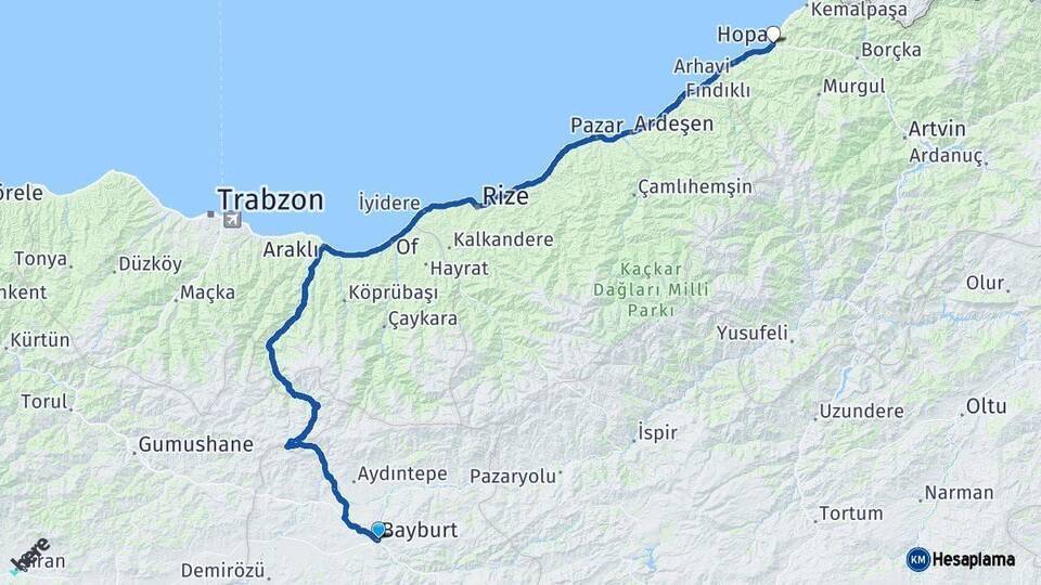 Bayburt Hopa Artvin Arası Kaç Km - Yol Haritası