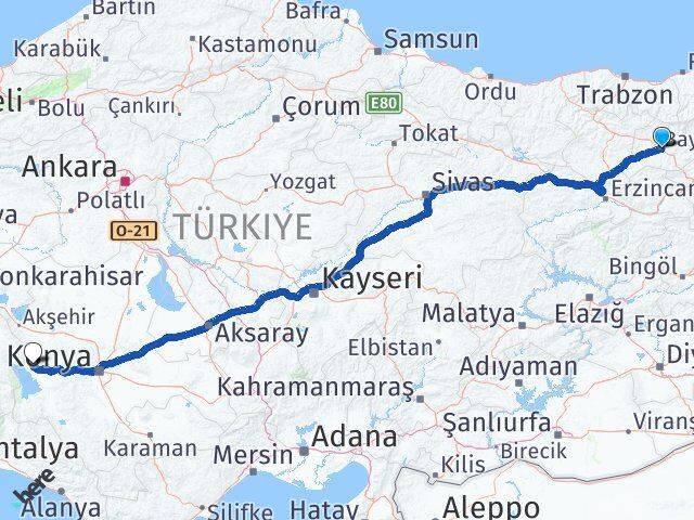 Bayburt Hüyük Konya Arası Kaç Km - Yol Haritası