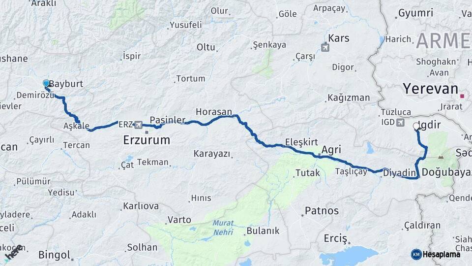 Bayburt Iğdır Arası Kaç Km - Yol Haritası