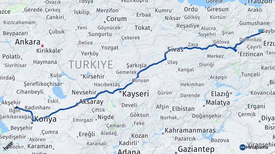 Bayburt Ilgın Konya Arası Kaç Km - Yol Haritası