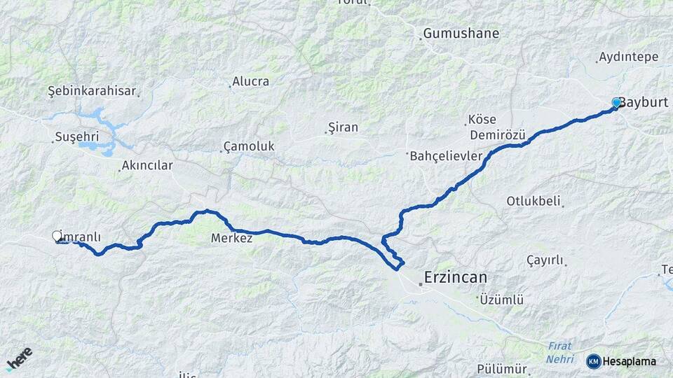 Bayburt İmranlı Sivas Arası Kaç Km - Yol Haritası