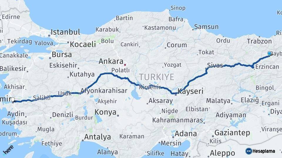 Bayburt İzmir Arası Kaç Km - Yol Haritası