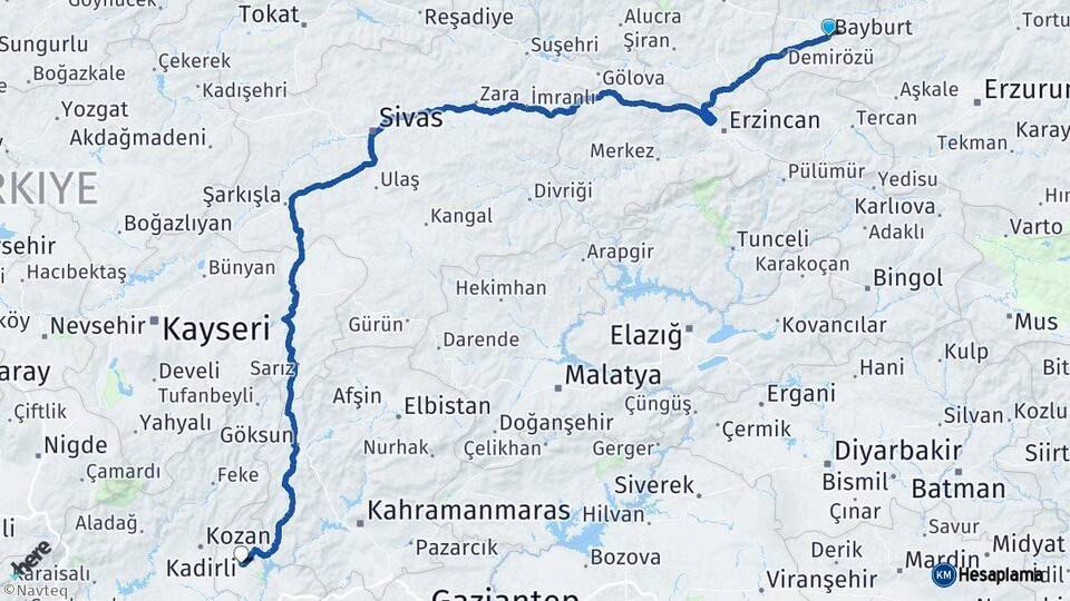Bayburt Kadirli Osmaniye Arası Kaç Km - Yol Haritası