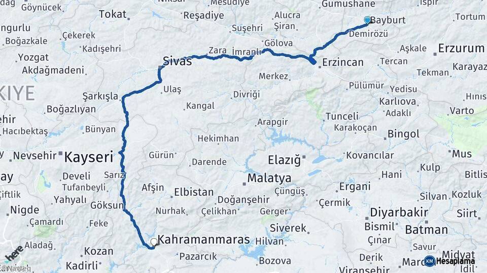 Bayburt Kahramanmaraş Arası Kaç Km - Yol Haritası