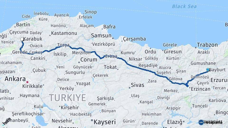 Bayburt Karabük Arası Kaç Km - Yol Haritası