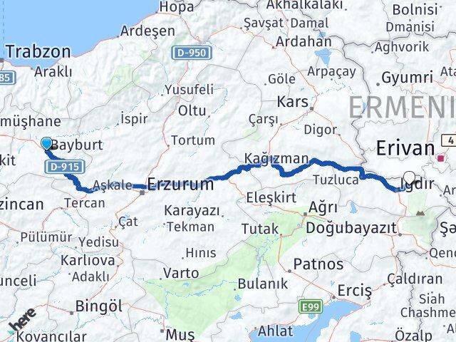 Bayburt Karakoyunlu Iğdır Arası Kaç Km - Yol Haritası