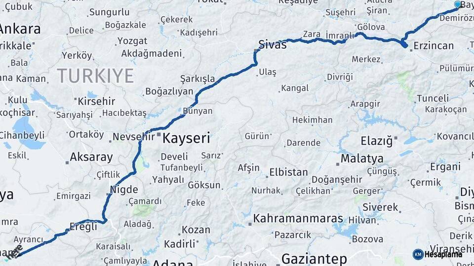 Bayburt Karaman Arası Kaç Km - Yol Haritası