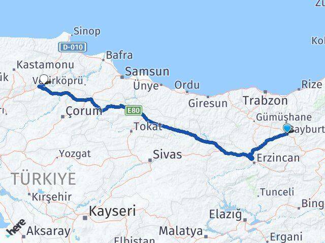 Bayburt Kargı Çorum Arası Kaç Km - Yol Haritası
