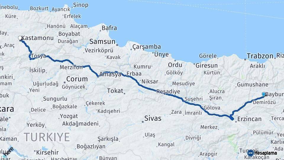 Bayburt Kastamonu Arası Kaç Km - Yol Haritası