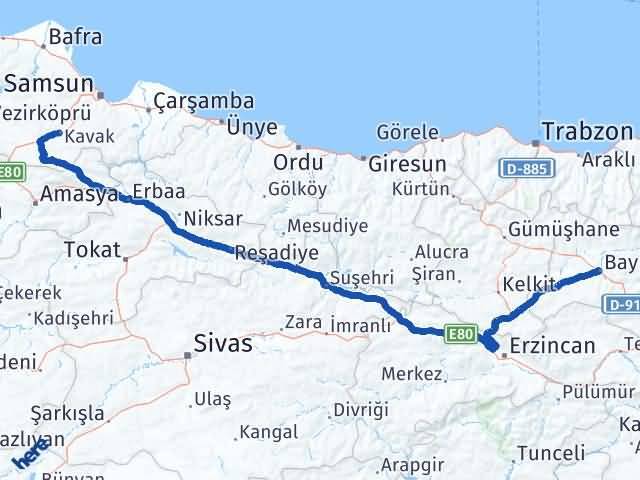 Bayburt Kavak Samsun Arası Kaç Km - Yol Haritası