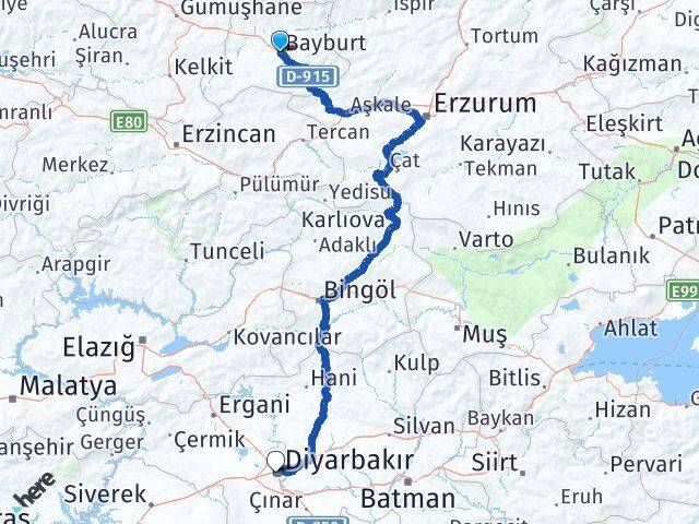 Bayburt Kayapınar Diyarbakır Arası Kaç Km - Yol Haritası