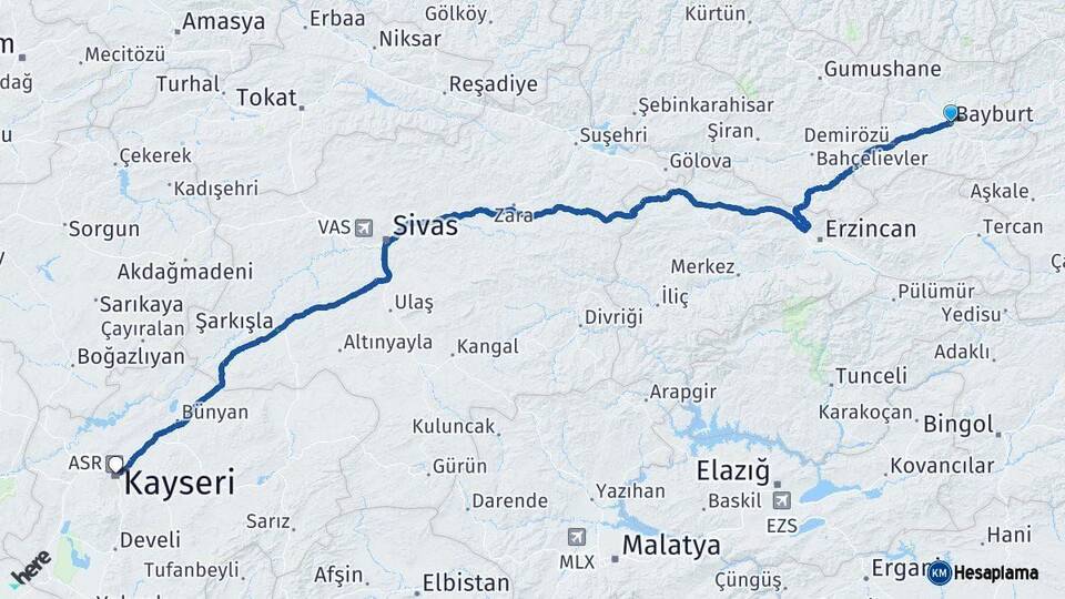 Bayburt Kayseri Arası Kaç Km - Yol Haritası
