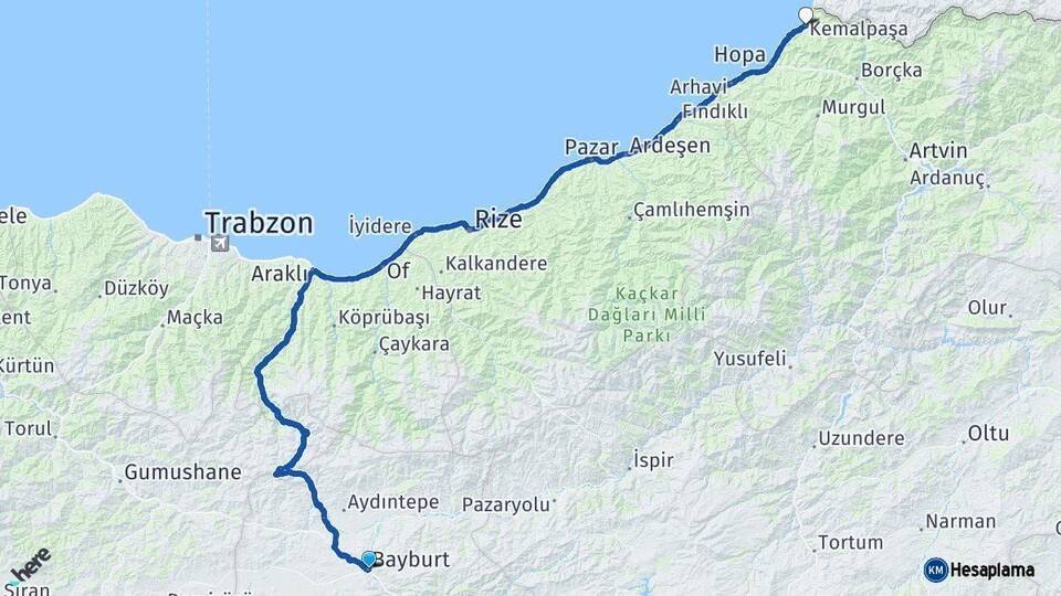 Bayburt Kemalpaşa Artvin Arası Kaç Km - Yol Haritası