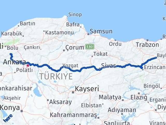 Bayburt Kıbrıscık Bolu Arası Kaç Km - Yol Haritası