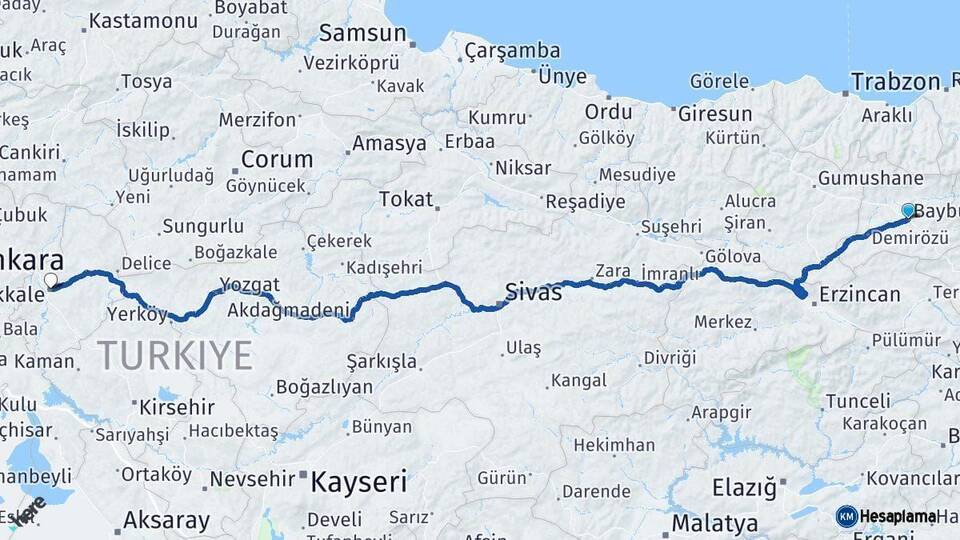 Bayburt Kırıkkale Arası Kaç Km - Yol Haritası