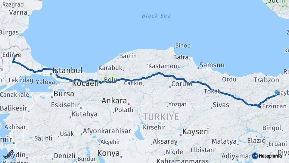 Bayburt Kırklareli Arası Kaç Km - Yol Haritası