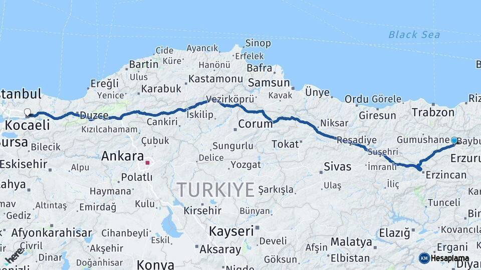 Bayburt Kocaeli Arası Kaç Km - Yol Haritası