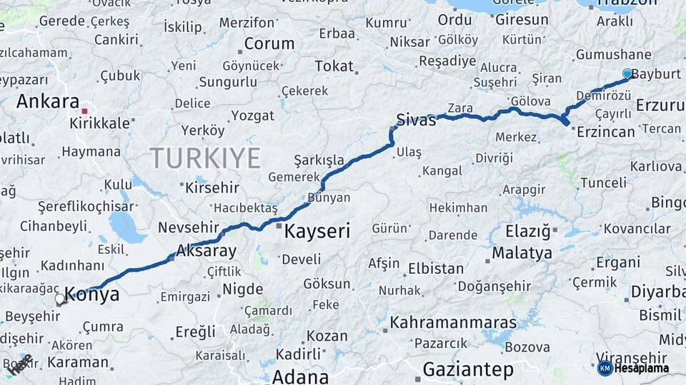 Bayburt Konya Arası Kaç Km - Yol Haritası