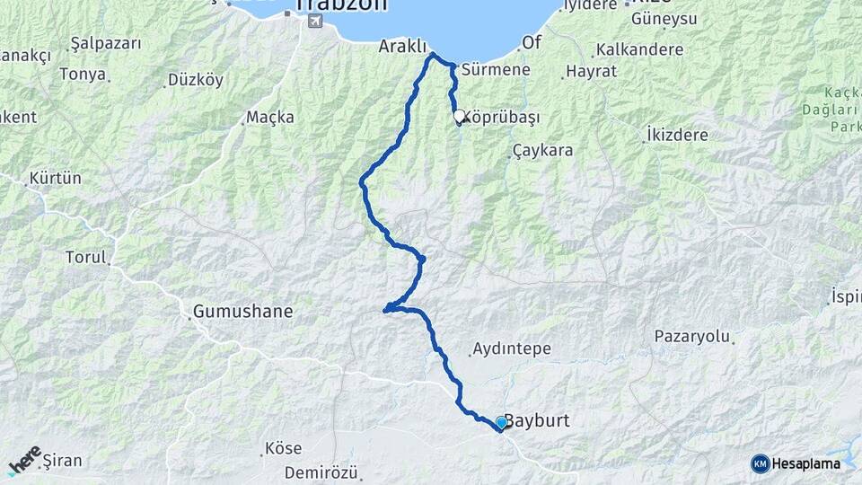 Bayburt Köprübaşı Trabzon Arası Kaç Km - Yol Haritası