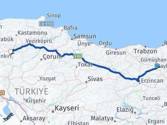 Bayburt Korgun Çankırı Arası Kaç Km - Yol Haritası