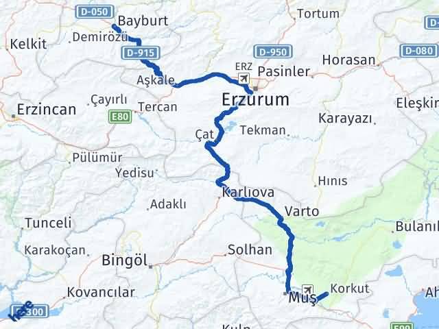 Bayburt Korkut Muş Arası Kaç Km - Yol Haritası