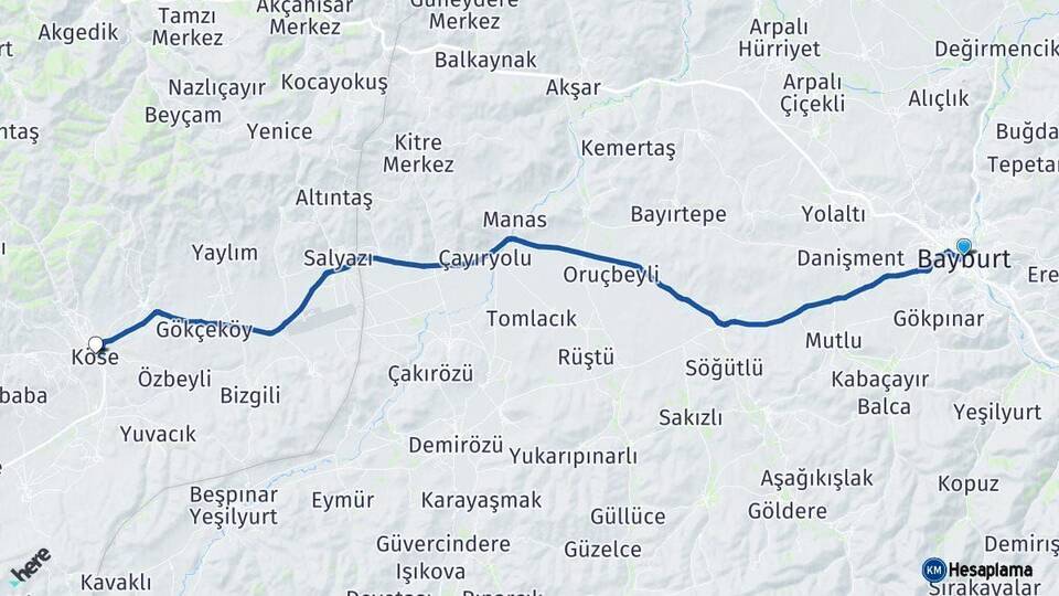 Bayburt Köse Gümüşhane Arası Kaç Km - Yol Haritası