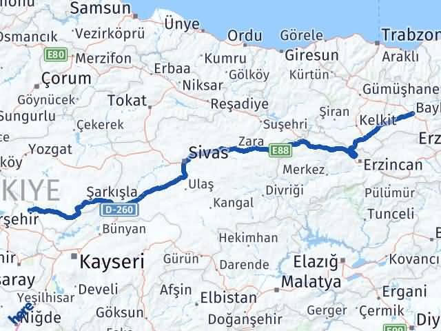 Bayburt Kozaklı Nevşehir Arası Kaç Km - Yol Haritası
