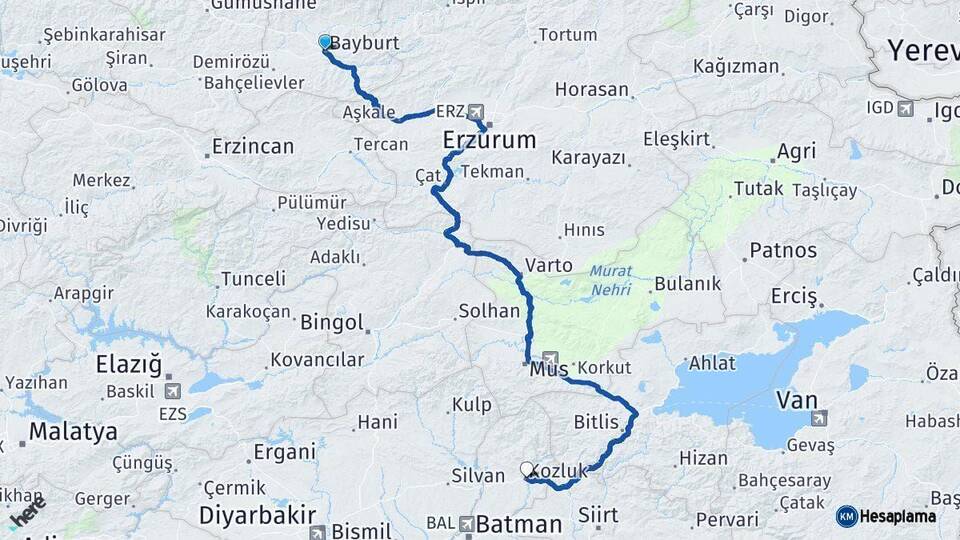 Bayburt Kozluk Batman Arası Kaç Km - Yol Haritası