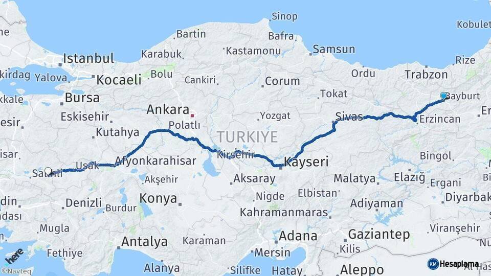 Bayburt Kula Manisa Arası Kaç Km - Yol Haritası