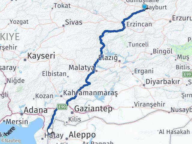 Bayburt Kumlu Hatay Arası Kaç Km - Yol Haritası