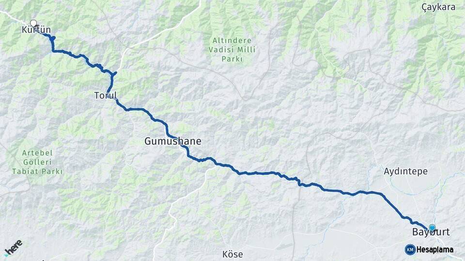 Bayburt Kürtün Gümüşhane Arası Kaç Km - Yol Haritası