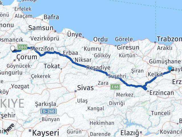 Bayburt Laçin Çorum Arası Kaç Km - Yol Haritası