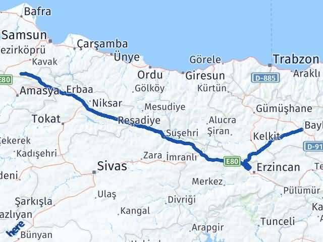 Bayburt Ladik Samsun Arası Kaç Km - Yol Haritası