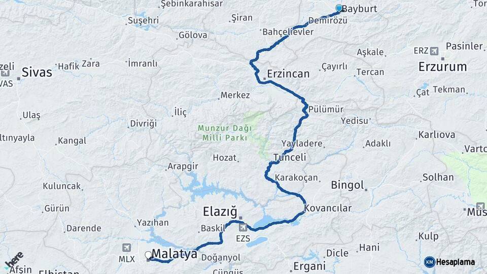Bayburt Malatya Arası Kaç Km - Yol Haritası