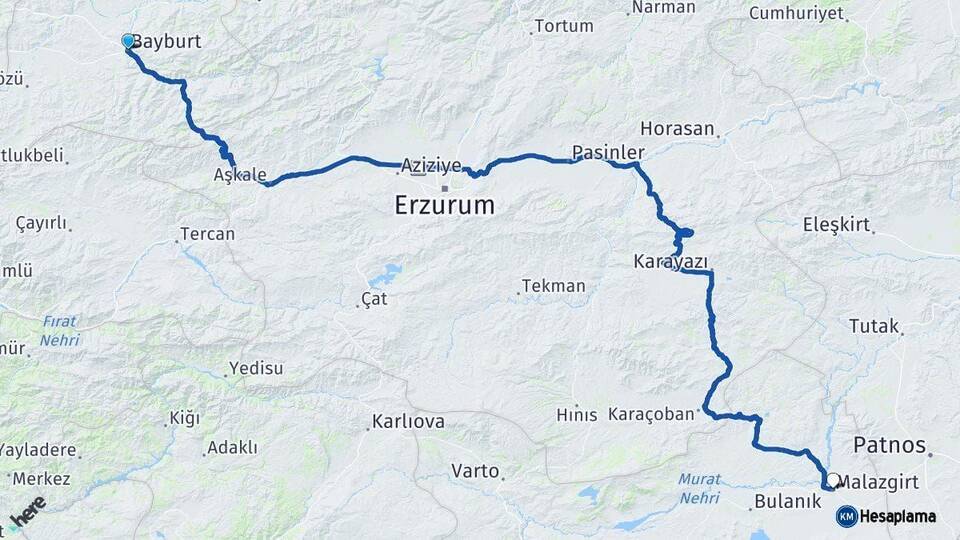 Bayburt Malazgirt Muş Arası Kaç Km - Yol Haritası