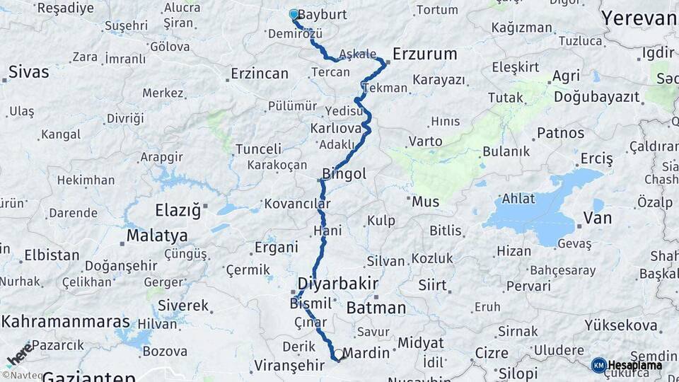 Bayburt Mardin Arası Kaç Km - Yol Haritası