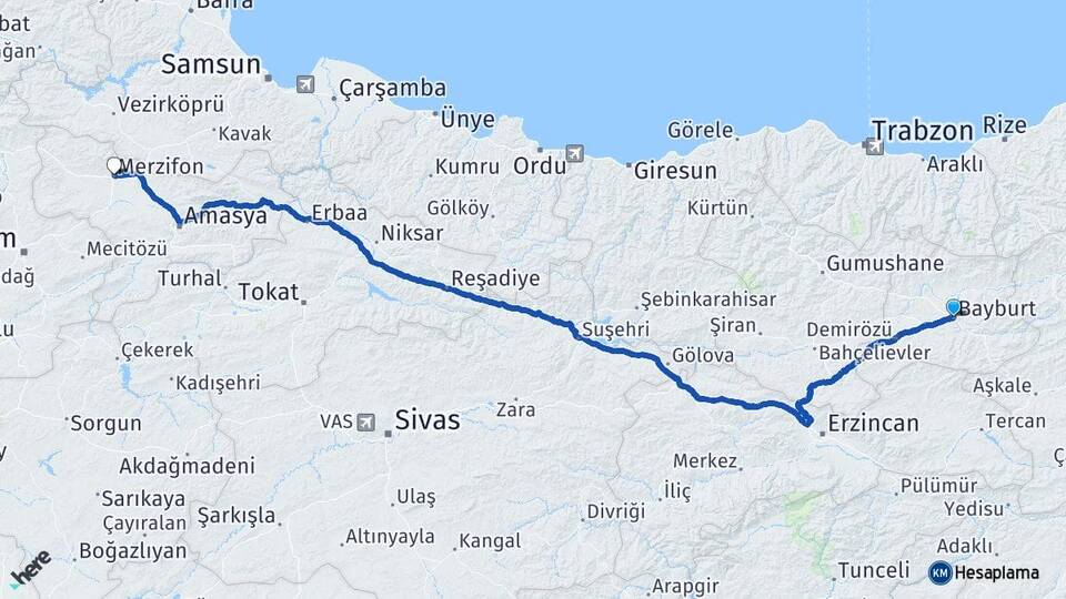 Bayburt Merzifon Amasya Arası Kaç Km - Yol Haritası