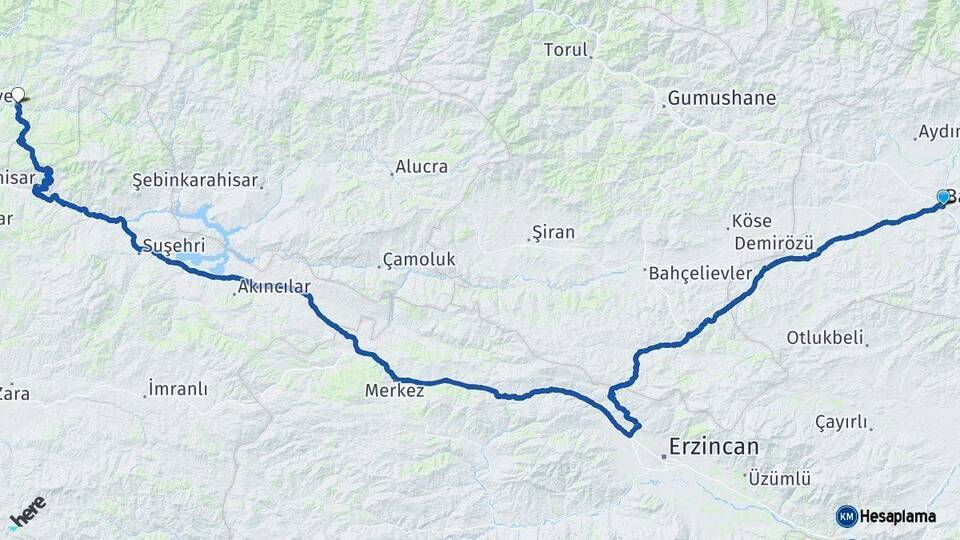 Bayburt Mesudiye Ordu Arası Kaç Km - Yol Haritası