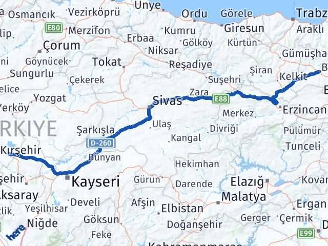 Bayburt Mucur Kırşehir Arası Kaç Km - Yol Haritası