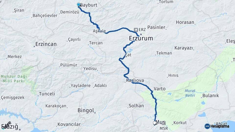 Bayburt Muş Arası Kaç Km - Yol Haritası