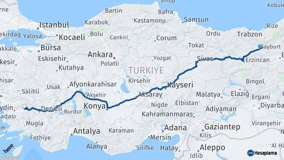 Bayburt Nazilli Aydın Arası Kaç Km - Yol Haritası
